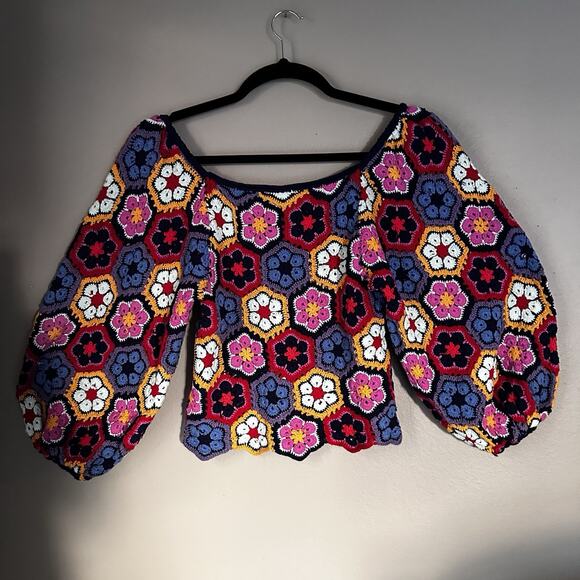 Farm Rio Women M Sweater Crochet Handmade puff sleeves Elastic shoulders wrists - Picture 8 of 10